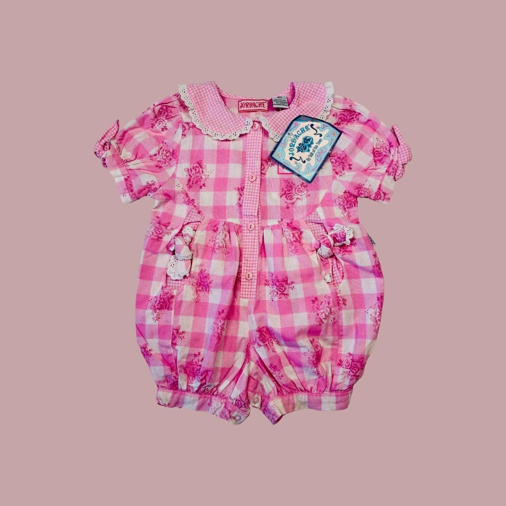 Vintage NWT Jordache Hot Pink Plaid Floral Bubble Romper, Size 3T